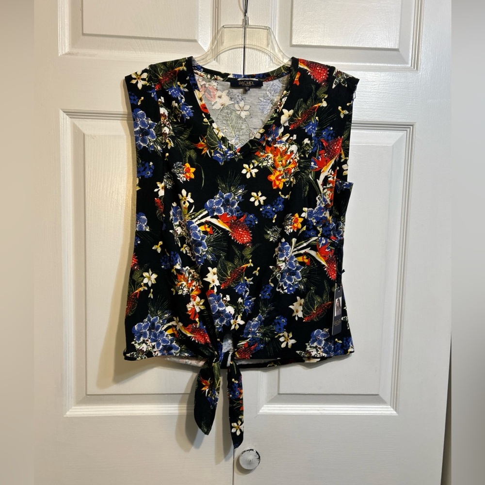 NWT Rachel Roy Top Size L Large Black Floral Multicolor Tie Front V-Neck Tee